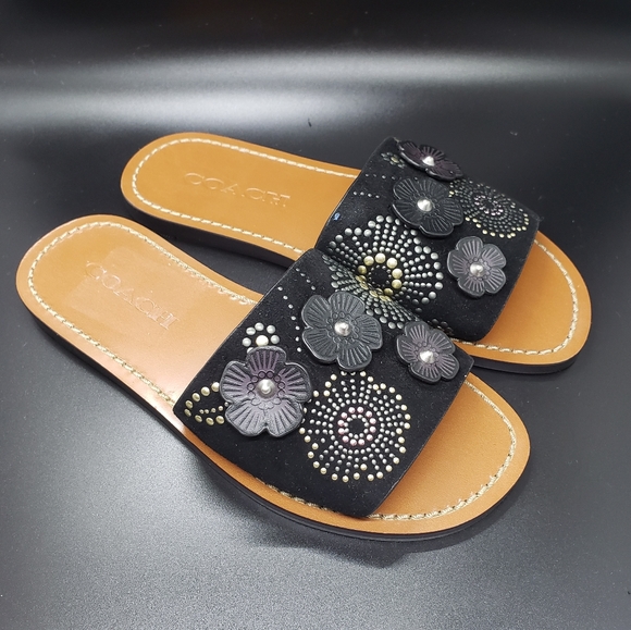 Coach size 5 black Rivet Tea Rose slide sandal - Picture 1 of 10